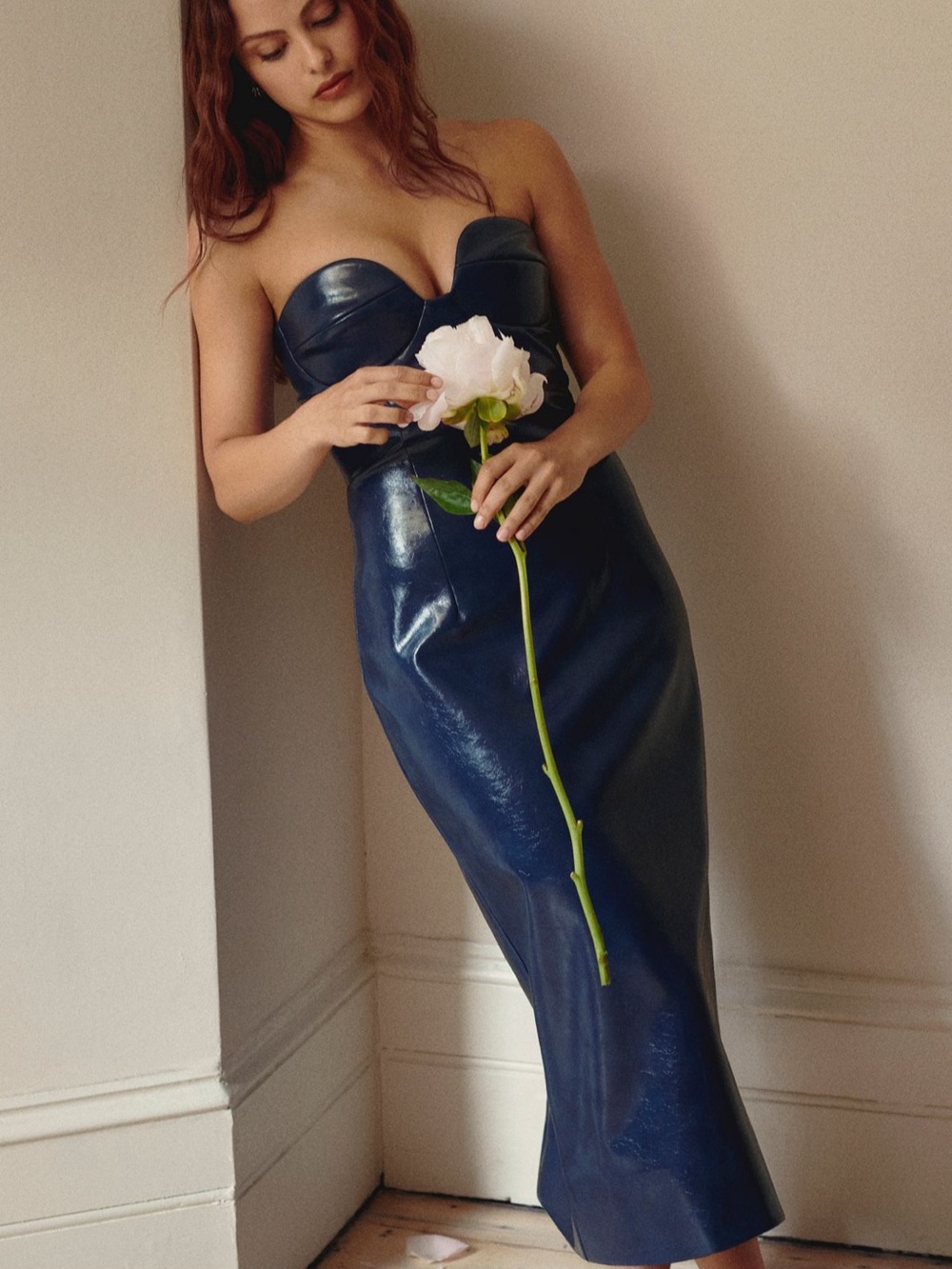 Strapless Navy Faux-Leather Midi Dress